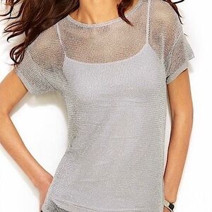 MICHAEL KORS Silver Mesh Armor-Like Short Sleeve Top SZ S